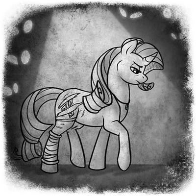 Size: 400x400 | Tagged: safe, artist:arcticwaters, rarity, unicorn, fanfic:the enchanted library, bandage, black and white, eye, eyes, fanfic art, grayscale, image, injured, monochrome, png, raised leg, scar, solo, spotlight, tired, walking