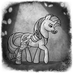 Size: 400x400 | Tagged: safe, artist:arcticwaters, rarity, unicorn, fanfic:the enchanted library, bandage, black and white, eye, eyes, fanfic art, grayscale, image, injured, monochrome, png, raised leg, scar, solo, spotlight, tired, walking