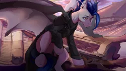 Size: 1202x676 | Tagged: safe, artist:calamity, derpibooru import, oc, oc:dusk blade, unofficial characters only, bat pony, pony, assassin, bat pony oc, bat wings, clothes, cloud, coat, crossover, day, eyebrows, eyelashes, fanfic art, image, male, png, roof, sky, solo, splinter rifle, spread wings, stallion, warhammer (game), warhammer 40k, wings