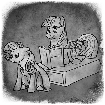 Size: 400x400 | Tagged: safe, artist:arcticwaters, rarity, twilight sparkle, twilight sparkle (alicorn), alicorn, unicorn, fanfic:the enchanted library, bandage, black and white, book, fanfic art, grayscale, image, injured, monochrome, png, prone, sitting, statue, tired