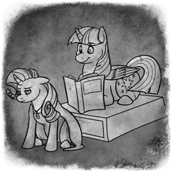 Size: 400x400 | Tagged: safe, artist:arcticwaters, rarity, twilight sparkle, twilight sparkle (alicorn), alicorn, unicorn, fanfic:the enchanted library, bandage, black and white, book, fanfic art, grayscale, image, injured, monochrome, png, prone, sitting, statue, tired