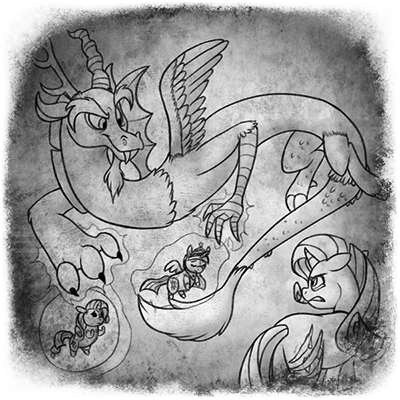 Size: 400x400 | Tagged: safe, artist:arcticwaters, discord, rarity, twilight sparkle, twilight sparkle (alicorn), alicorn, draconequus, pony, unicorn, fanfic:the enchanted library, angry, black and white, female, floating, grayscale, image, injured, looking at each other, mare, monochrome, png