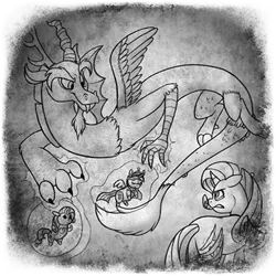 Size: 400x400 | Tagged: safe, artist:arcticwaters, discord, rarity, twilight sparkle, twilight sparkle (alicorn), alicorn, draconequus, pony, unicorn, fanfic:the enchanted library, angry, black and white, female, floating, grayscale, image, injured, looking at each other, mare, monochrome, png