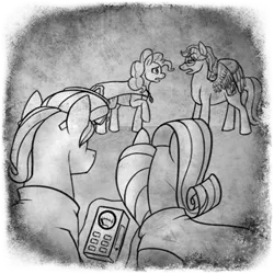 Size: 400x400 | Tagged: safe, artist:arcticwaters, pinkie pie, rarity, oc, oc:brazened awe, oc:knowledge quill, oc:odyssey, earth pony, pegasus, pony, unicorn, fanfic:the enchanted library, argument, black and white, cloak, clothes, device, female, grayscale, image, looking at each other, male, mare, monochrome, png, stallion, suit