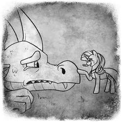 Size: 400x400 | Tagged: safe, artist:arcticwaters, rarity, spike, dragon, pony, unicorn, fanfic:the enchanted library, adult, adult spike, black and white, boop, cloak, clothes, crying, fanfic art, female, grayscale, image, jewelry, looking at each other, mare, mind link, monochrome, necklace, older, older spike, png, prone, telepathy