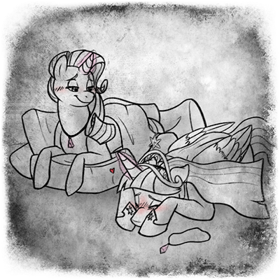 Size: 400x400 | Tagged: safe, artist:arcticwaters, rarity, twilight sparkle, twilight sparkle (alicorn), alicorn, unicorn, fanfic:the enchanted library, black and white, blushing, covering, eyes closed, fanfic art, grayscale, image, jewelry, mind link, monochrome, necklace, pillow, png, prone, shipping, telepathy