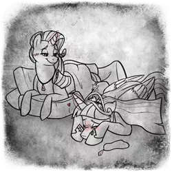 Size: 400x400 | Tagged: safe, artist:arcticwaters, rarity, twilight sparkle, twilight sparkle (alicorn), alicorn, unicorn, fanfic:the enchanted library, black and white, blushing, covering, eyes closed, fanfic art, grayscale, image, jewelry, mind link, monochrome, necklace, pillow, png, prone, shipping, telepathy