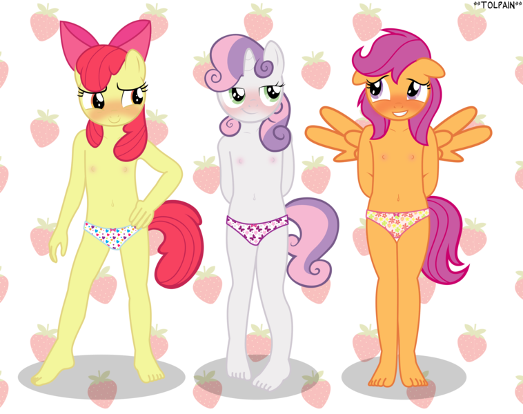 Size: 3520x2786 | Tagged: questionable, artist:tolpain, banned from derpibooru, apple bloom, scootaloo, sweetie belle, anthro, earth pony, pegasus, unicorn, blushing, breasts, clothes, cutie mark crusaders, delicious flat chest, female, image, lolicon, panties, png, underage, underwear