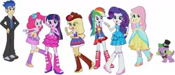 Size: 1400x597 | Tagged: safe, artist:pascalmulokozi2, derpibooru import, applejack, flash sentry, fluttershy, pinkie pie, rainbow dash, rarity, sci-twi, spike, twilight sparkle, dog, equestria girls, boots, clothes, dress, fall formal outfits, hat, humane five, humane six, image, jpeg, shoes, simple background, solo, spike the dog, white background