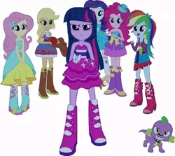 Size: 826x738 | Tagged: safe, artist:pascalmulokozi2, derpibooru import, applejack, fluttershy, pinkie pie, rainbow dash, rarity, sci-twi, spike, twilight sparkle, dog, equestria girls, boots, clothes, dress, fall formal outfits, high heel boots, humane five, humane six, image, jpeg, shoes, simple background, solo, spike the dog, white background