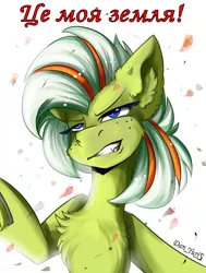 Size: 1360x1800 | Tagged: safe, artist:yuris, derpibooru import, oc, oc:chernobaevka, ponified, unofficial characters only, earth pony, pony, blue eyes, current events, cyrillic, evil grin, female, green skin, grin, image, png, smiling, solo, ukraine, ukrainian