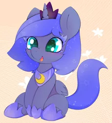 Size: 2750x3000 | Tagged: safe, artist:zokkili, derpibooru import, princess luna, alicorn, pony, abstract background, blushing, crown, cute, female, filly, happy, high res, hoof shoes, image, jewelry, jpeg, lunabetes, necklace, open mouth, open smile, regalia, sitting, smiling, solo, woona, younger