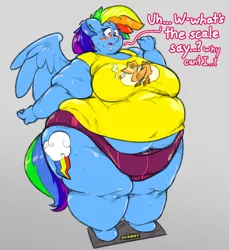 Size: 1000x1091 | Tagged: suggestive, artist:gabrielcoroum, derpibooru import, rainbow dash, anthro, pegasus, unguligrade anthro, bbw, belly, belly button, big belly, big breasts, bingo wings, blushing, breasts, busty rainbow dash, chubby cheeks, clothes, colored, colored sketch, compression shorts, cutie mark, double chin, exposed belly, fat, female, floppy ears, huge belly, huge breasts, image, implied weight gain, morbidly obese, obese, oof, png, rainblob dash, scale, shirt, shocked, sketch, smoking, ssbbw, sudden realization, sweat, sweatdrop, thighs, thunder thighs, tight clothing, wide hips