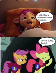 Size: 1056x1372 | Tagged: safe, derpibooru import, edit, edited screencap, screencap, apple bloom, scootaloo, sunny starscout, pony, my little pony: a new generation, stare master, angry, apple bloom's bow, bed, blanket, bow, cape, clothes, eyes closed, female, filly, filly sunny starscout, foal, g4, g5, hair bow, image, jpeg, looking at someone, looking up, raised hoof, rock, scootaloo can't fly, scootaloo is not amused, sleepy, text, this will end in pain, this will not end well, unamused, word balloon, younger