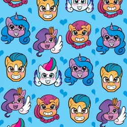 Size: 600x600 | Tagged: safe, artist:marybellamy, derpibooru import, hitch trailblazer, izzy moonbow, pipp petals, sunny starscout, zipp storm, my little pony: a new generation, chibi, g5, image, jpeg, pattern, smiling