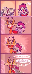 Size: 546x1280 | Tagged: safe, artist:sockiepuppetry, derpibooru import, princess ember, thorax, changedling, changeling, dragon, book, comic, dialogue, image, king thorax, licking, png, reading, speech bubble, tongue out