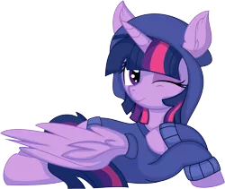 Size: 7357x6218 | Tagged: safe, artist:cyanlightning, derpibooru import, twilight sparkle, alicorn, pony, .svg available, absurd resolution, clothes, cute, female, hoodie, image, lying down, mare, one eye closed, png, prone, simple background, solo, spread wings, transparent background, vector, wings, wink