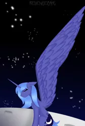 Size: 1148x1709 | Tagged: safe, artist:revenge.cats, derpibooru import, princess luna, alicorn, pony, crying, image, large wings, lineless, moon, png, s1 luna, solo, space, stars, wings