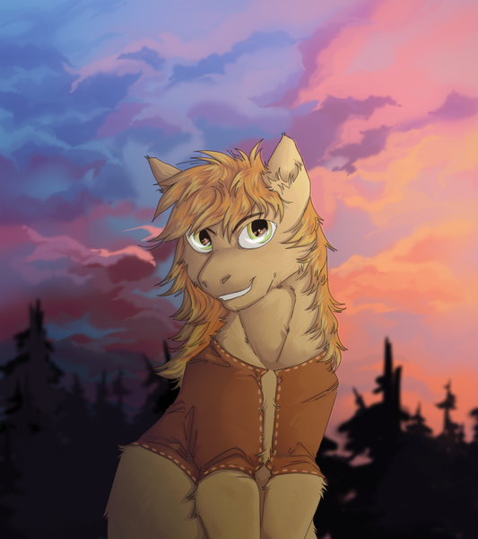 Size: 800x900 | Tagged: safe, artist:bazur, derpibooru import, braeburn, earth pony, pony, clothes, commission, image, male, png, smiling, solo, stallion, sunset, two toned mane, vest, ych result
