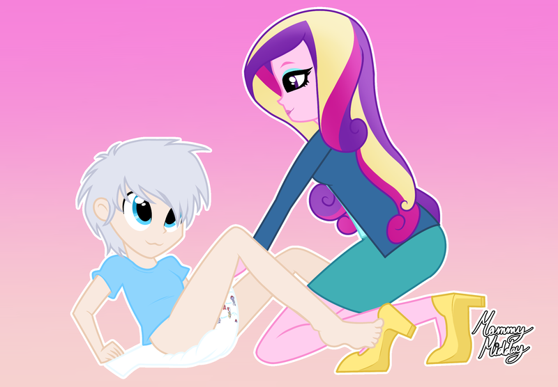 Size: 2360x1640 | Tagged: questionable, artist:mommymidday, derpibooru import, princess cadance, oc, oc:andy, equestria girls, equestria girls series, cardigan, clothes, dean cadance, diaper, diaper change, diaper fetish, eyeshadow, fetish, gradient background, high heels, image, kneeling, long hair, lying down, makeup, oc and canon, pencil skirt, png, shoes, signature, simple background, sitting up, skirt