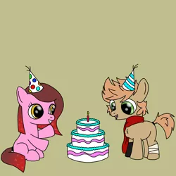 Size: 2500x2500 | Tagged: safe, artist:tenebris, derpibooru import, oc, oc:cherry bottom, oc:himmel, unofficial characters only, earth pony, pony, bandage, birthday, birthday cake, cake, clothes, colt, earth pony oc, foal, food, gloves, hat, image, male, party hat, png, scarf, simple background