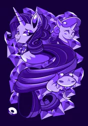 Size: 2867x4096 | Tagged: safe, artist:poxy_boxy, derpibooru import, opalescence, rarity, sweetie belle, cat, pony, unicorn, black background, blush sticker, blushing, eyes closed, female, filly, fire ruby, foal, gem, image, jpeg, mare, monochrome, open mouth, open smile, purplescale, ruby, signature, simple background, smiling, trio