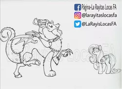 Size: 1080x785 | Tagged: safe, artist:larayitaslocasfa, derpibooru import, discord, fluttershy, draconequus, pegasus, pony, black and white, collar, concerned, confused, duo, eyes closed, facebook, fanfic art, female, grayscale, image, instagram, jpeg, male, mare, monochrome, obtrusive watermark, partial color, pet collar, pet play, raised hoof, silly, sketch, spanish description, watermark