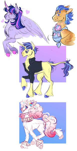 Size: 1800x3500 | Tagged: safe, artist:cactiflowers, derpibooru import, flash sentry, twilight sparkle, oc, oc:orion sparkle, oc:twinkle, oc:white wedding, alicorn, earth pony, pegasus, pony, unicorn, baby, baby carrier, baby pony, clothes, fangs, female, filly, flashlight, foal, glasses, image, jacket, leather jacket, male, mare, offspring, parent:flash sentry, parent:pinkie pie, parent:twilight sparkle, parents:flashlight, png, shipping, stallion, straight, sunglasses