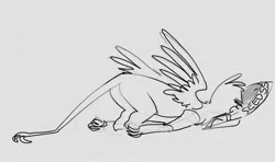 Size: 2865x1701 | Tagged: safe, artist:alumx, derpibooru import, gryphon, butt, catbird, face down ass up, faceplant, food bowl, gray background, grayscale, image, jpeg, monochrome, pet bowl, plot, simple background, sketch, solo