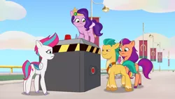 Size: 3410x1920 | Tagged: safe, derpibooru import, screencap, hitch trailblazer, izzy moonbow, pipp petals, sunny starscout, zipp storm, earth pony, pegasus, pony, unicorn, my little pony: tell your tale, the unboxing of izzy, spoiler:g5, spoiler:my little pony: tell your tale, spoiler:tyts01e06, female, g5, high res, image, jpeg, male, mane five (g5), mare, maretime bay, smiling, stallion