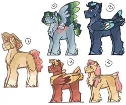 Size: 1280x1076 | Tagged: safe, artist:sallyqwest623, derpibooru import, oc, unofficial characters only, earth pony, pegasus, pony, unicorn, alternate design, amputee, chest fluff, colored wings, cowboy hat, feathered fetlocks, female, hat, image, jpeg, magical lesbian spawn, male, mare, multicolored wings, neckerchief, offspring, parent:applejack, parent:big macintosh, parent:fluttershy, parent:rainbow dash, parent:rarity, parent:soarin', parents:fluttermac, parents:rarijack, parents:soarindash, pigtails, ribbon, scar, simple background, stallion, tail, tail feathers, twintails, twitterina design, unshorn fetlocks, white background, wings