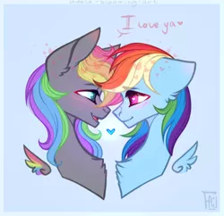 Size: 360x349 | Tagged: safe, derpibooru import, rainbow dash, oc, oc:dark rainbow, pegasus, pony, blue background, canon x oc, commission, darsh, eye contact, female, heart, i love you, image, looking at each other, looking at someone, male, mare, pegasus oc, png, simple background, smiling, stallion, straight, wings, ych result