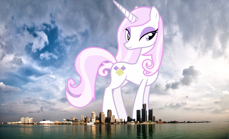 Size: 1920x1169 | Tagged: safe, artist:90sigma, artist:thegiantponyfan, derpibooru import, fleur-de-lis, pony, unicorn, detroit, female, giant pony, giant unicorn, giantess, highrise ponies, image, irl, jpeg, looking at you, macro, mare, mega giant, michigan, photo, ponies in real life, smiling, story included