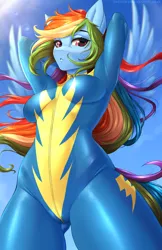 Size: 3000x4630 | Tagged: suggestive, artist:anxiety-chan, derpibooru import, rainbow dash, anthro, pegasus, breasts, clothes, female, form fitting, image, looking at you, png, skintight, skintight clothes, solo, solo female, spread wings, uniform, wings, wonderbolts uniform