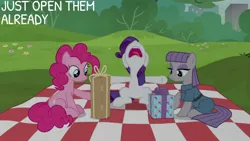 Size: 1280x720 | Tagged: safe, derpibooru import, edit, edited screencap, editor:quoterific, screencap, maud pie, pinkie pie, rarity, earth pony, pony, unicorn, season 6, the gift of the maud pie, female, image, jpeg, mare, nose in the air, open mouth, present, text, trio