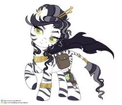 Size: 1280x1103 | Tagged: safe, artist:elberas, derpibooru import, oc, unofficial characters only, zebra, bag, base used, bracelet, ear piercing, earring, eyelashes, female, frown, hairpin, image, jewelry, jpeg, leonine tail, mare, neck rings, piercing, raised hoof, saddle bag, simple background, solo, tail, white background, zebra oc