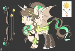 Size: 1280x868 | Tagged: safe, artist:elberas, derpibooru import, oc, unofficial characters only, alicorn, bat pony, bat pony alicorn, pony, arrow, base used, bat pony oc, bat wings, bow (weapon), dark background, eyelashes, female, horn, image, jpeg, laurel wreath, mare, reference sheet, solo, wings