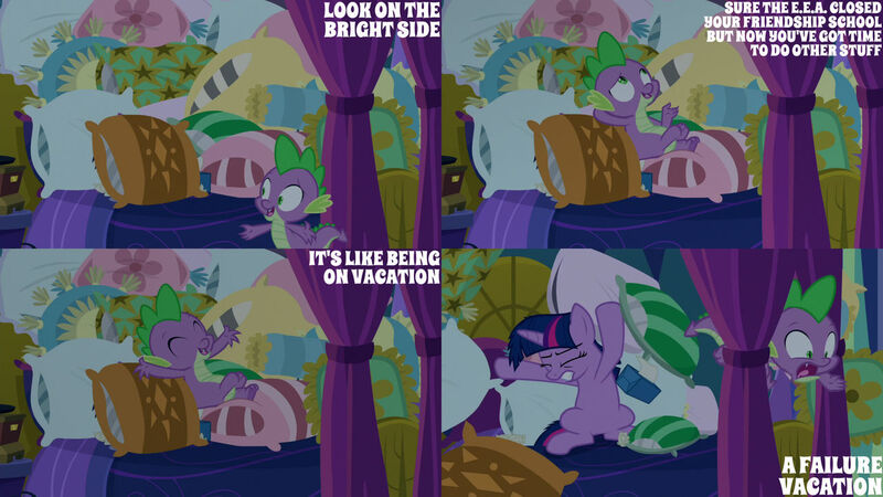 Size: 1280x720 | Tagged: safe, derpibooru import, edit, edited screencap, editor:quoterific, screencap, spike, twilight sparkle, twilight sparkle (alicorn), alicorn, dragon, pony, school daze, season 8, spoiler:s08, bed, cute, duo, duo female, eyes closed, female, image, jpeg, male, mare, open mouth, open smile, pillow, smiling, spikabetes, text, twilight's castle