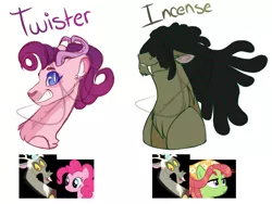 Size: 1600x1200 | Tagged: safe, artist:purplegrim40, derpibooru import, discord, pinkie pie, tree hugger, oc, draconequus, earth pony, pony, bust, clothes, draconequus oc, dreadlocks, female, grin, hair over eyes, headscarf, image, interspecies offspring, male, mare, offspring, parent:discord, parent:pinkie pie, parent:tree hugger, parents:discopie, png, scarf, simple background, smiling, white background