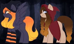 Size: 2000x1200 | Tagged: safe, artist:purplegrim40, derpibooru import, oc, unofficial characters only, earth pony, pegasus, pony, cloak, clothes, duo, earth pony oc, hat, image, pegasus oc, png, smiling, socks, striped socks, wings, witch hat