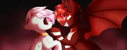 Size: 1651x660 | Tagged: safe, artist:_ladybanshee_, derpibooru import, oc, oc:#c0ffee, demon, demon pony, original species, pegasus, pony, chest fluff, corrupted, demon wings, evil, evil grin, fangs, glow, glowing eyes, grin, image, male, mind control, neck rings, png, smiling, spread wings, stallion, wings
