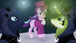 Size: 1280x720 | Tagged: safe, artist:greenlion, derpibooru import, princess luna, snowfall frost, spirit of hearth's warming yet to come, starlight glimmer, oc, alicorn, pony, unicorn, a hearth's warming tail, artwork, green, image, png, snow, snowfall