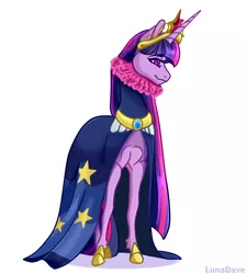 Size: 4632x5136 | Tagged: safe, artist:luna dave, derpibooru import, twilight sparkle, pony, unicorn, big crown thingy, cape, clothes, commission, element of magic, female, image, jewelry, jpeg, mare, older, realistic horse legs, regalia, ruff (clothing), simple background, solo