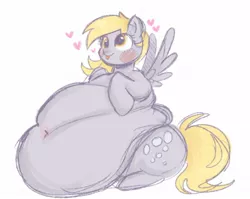 Size: 1280x1017 | Tagged: suggestive, artist:kitkatoi, derpibooru import, derpy hooves, pegasus, pony, :p, belly, belly button, big belly, blush sticker, blushing, colored sketch, fat, female, floating heart, heart, image, jpeg, simple background, sitting, sketch, solo, spread wings, tongue out, white background, wings