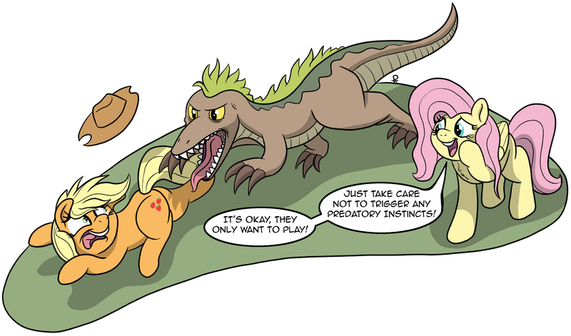 Size: 3367x1982 | Tagged: safe, artist:pony-thunder, derpibooru import, applejack, fluttershy, dinosaur, velociraptor, comic, image, png