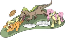 Size: 3367x1982 | Tagged: safe, artist:pony-thunder, derpibooru import, applejack, fluttershy, dinosaur, velociraptor, comic, image, png