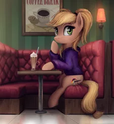 Size: 2300x2494 | Tagged: safe, artist:magfen, derpibooru import, oc, unofficial characters only, earth pony, pony, cafe, clothes, coffee, couch, female, food, hoodie, image, lamp, latte, mare, png, poster, sitting, solo, straw, wondering