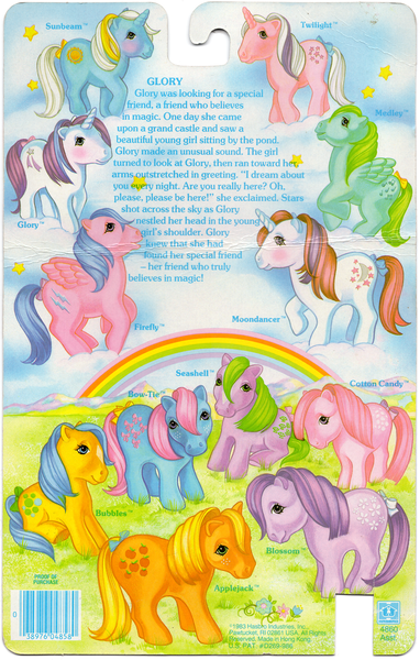 Size: 2229x3500 | Tagged: safe, derpibooru import, official, applejack (g1), blossom, bowtie (g1), bubbles (g1), cotton candy (g1), firefly, glory, medley, moondancer (g1), seashell (g1), sunbeam, twilight (g1), backcard, cloud, g1, grass, group, image, merchandise, png, rainbow, scan, sky, text