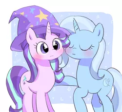 Size: 1740x1604 | Tagged: safe, artist:leo19969525, derpibooru import, starlight glimmer, trixie, pony, unicorn, :3, clothes, duo, duo female, eyes closed, female, hat, horn, image, jpeg, lesbian, mare, shipping, simple background, startrix, trixie's hat, white background