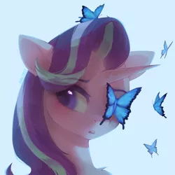 Size: 3000x3000 | Tagged: safe, artist:anku, derpibooru import, starlight glimmer, butterfly, insect, pony, unicorn, blue background, bust, female, image, mare, png, portrait, simple background, solo